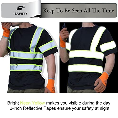 sesafety High Visibility Shirts for Mens Class 3 Hi Vis Reflective Construction Shirts for Men with Pocket Safety T Shirts for Men Work Shirt for Mens Short Sleeve Black Yellow Strips