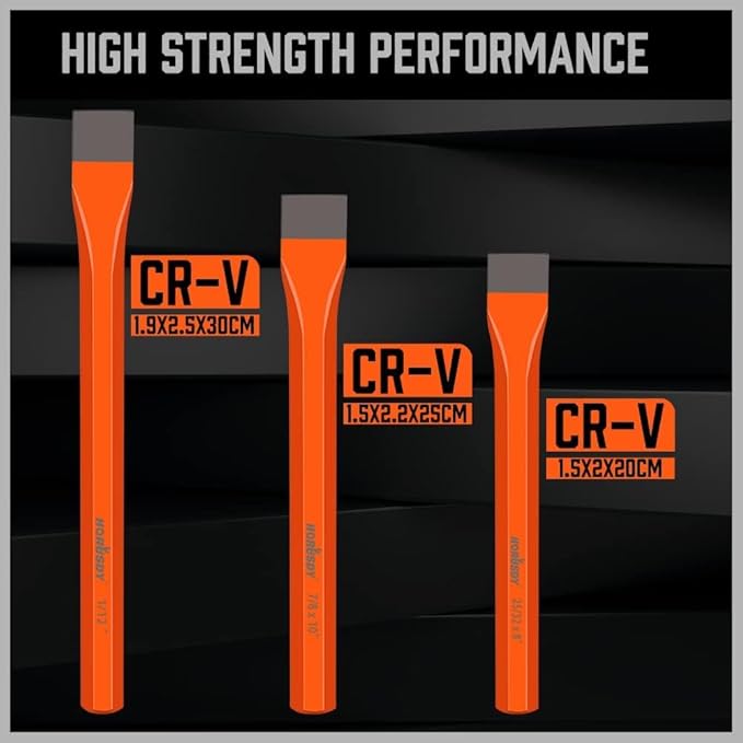 HORUSDY 3-Pieces Heavy Duty Cold Chisels Set, Long 8", 10", 12", with Roll Pouch, 1 in, 7/8 in, 25/32 in