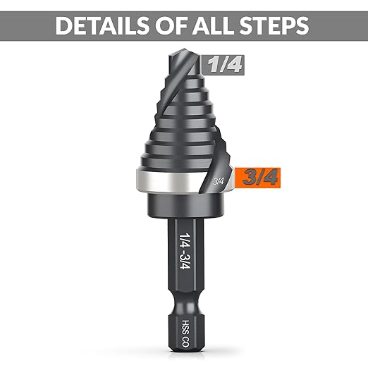 THINKWORK M35 Cobalt Spiral Flute Step Drill Bit, Single Size HSS Step Bit 3/4", Small Size EDC 1/4" Shank Step Bits for Metal, Carbon Steel, Stainless Steel, Wood, Plastic