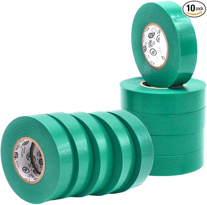 WOD ETC766 Professional Grade General Purpose Green Electrical Tape UL/CSA Listed core. Vinyl Rubber Adhesive Electrical Tape: 3/4inch X 66ft. - Use at No More Than 600V & 176F (Pack of 10)