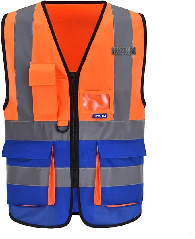Orange Blue XSMALL High Visibility REFLECTIVE WORK Safety Vest with zipper Reflective Strips 7 Pockets