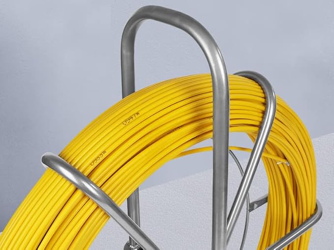 425FT Fish Tape Fiberglass 1/4 inch(6MM) Fishing Wire Puller Duct Rodder Cable Running Electrical Fishtape Tool Rod with Steel Reel Stand through Wall Pipe Length Marking In Meter