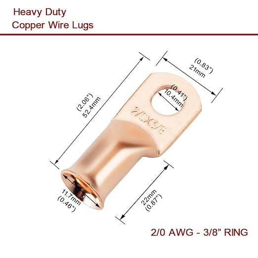 25Pcs 2/0 AWG 3/8" Stud Copper Ring Terminals Battery Cable Ends Wire Lugs 2/0 Gauge Battery Cable Lugs Heavy Duty Cable Lugs Bare Copper Eyelets Tubular Ring Terminal Connectors