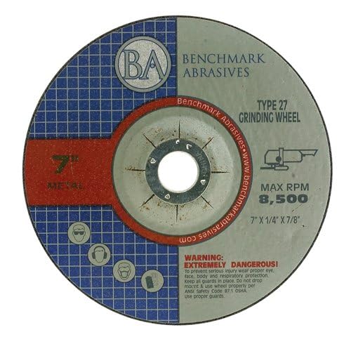 Benchmark Abrasives 7" Aluminum Oxide Pro Depressed Center Grinding Wheel, 1/4" Thick, 7/8" Arbor for Cutting Grinding Stock Removal on Metal, Steel, Cast Iron - 25 Pack