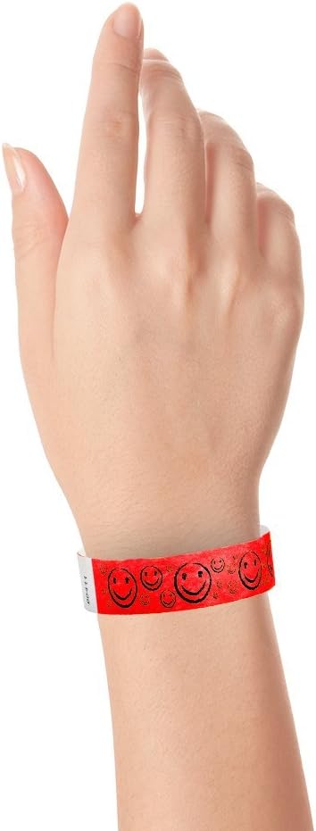 500 WristCo Neon Red Smiley Face Tyvek Wristbands for Events - ¾” x 10” - Waterproof Recyclable Comfortable Tear Resistant Paper Bracelets Wrist Bands for Concerts Festivals Admission Party