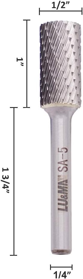 SA-5 Tungsten Carbide Burr Cylinder Shape Double Cut Rotary Burr File(1/2” cutter Dia X 1”Cutter Length) with 1/4'' Shank dia By LU&MN