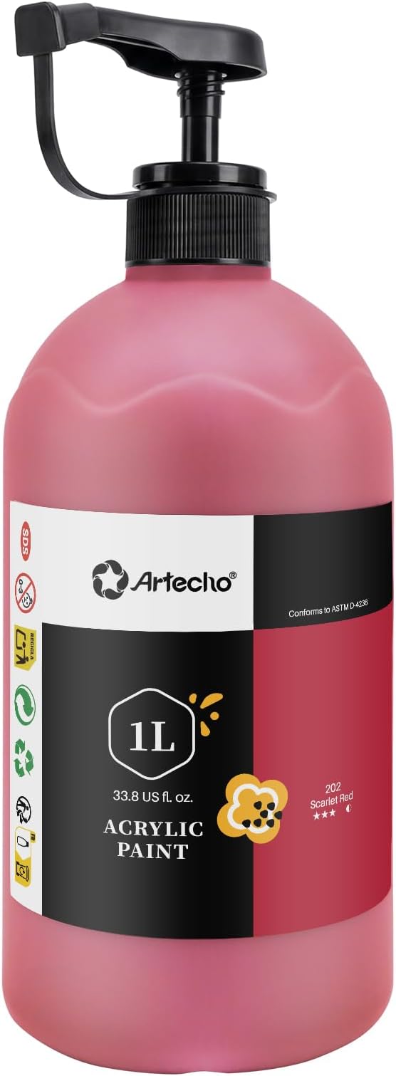 Artecho Scarlet Red Acrylic Paint 1000ml / 33.8 fl oz Pump Dispenser | Large by Artecho