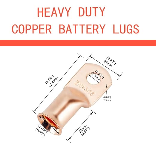 10Pcs 2/0 AWG 5/16" Stud Heavy Duty Copper Wire Lugs 2/0 Gauge Ring Terminals Battery Cable Ends Bare Copper Eyelets Tubular Ring Terminal for Car Boat Marine