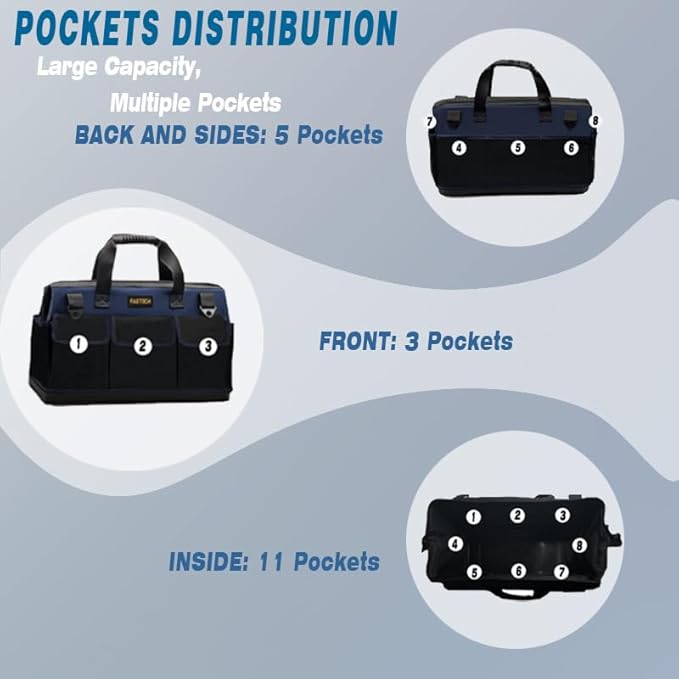 20in Heavy Duty Bottom Tool Bag With Wide Mouth For Tool Storage, Carrier and Organizer, Tote Bag For Men/Women, Wide Mouth Tools Bag With Inside Pockets (20 Inch)