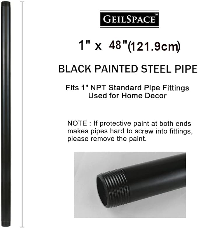 GeilSpace 1" × 48" Pre-Cut Black Metal Pipe, Industrial Steel Fits Standard One Inch Black Threaded Pipes and Fittings - Vintage DIY Industrial Shelving (1" × 48")