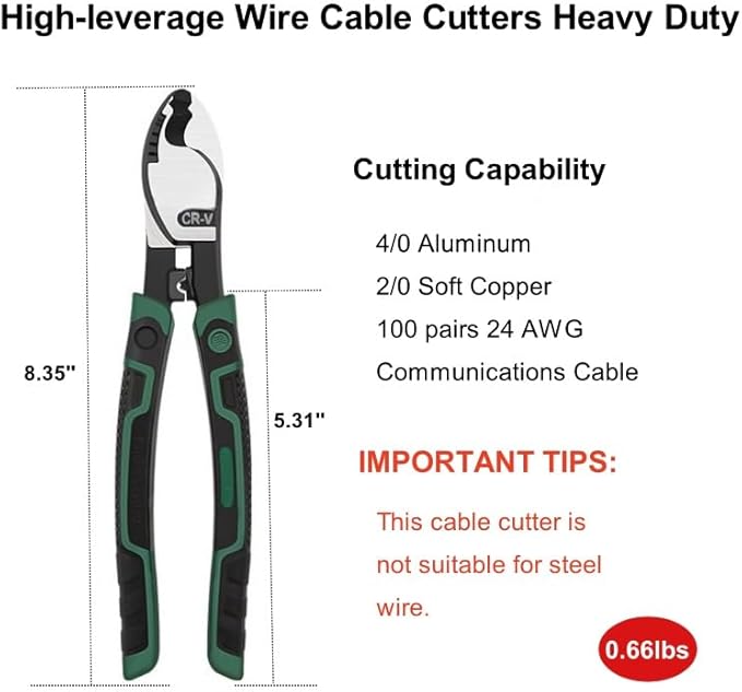 Wire Cutter Heavy Duty 8 Inch High Leverage Wire Cable Cutter Pliers Tool for Aluminum, Copper, Wire, Communications Cable