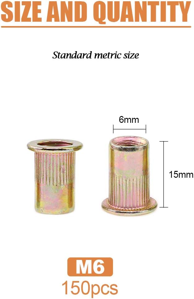 Keadic 150Pcs M6 Rivet Nuts Metric Zinc Plated Rivet Nut Carbon Steel Rivet Nut Flat Head Threaded Insert Kit Threaded Rivet Insert Nutsert Rivnuts Kit for Furniture