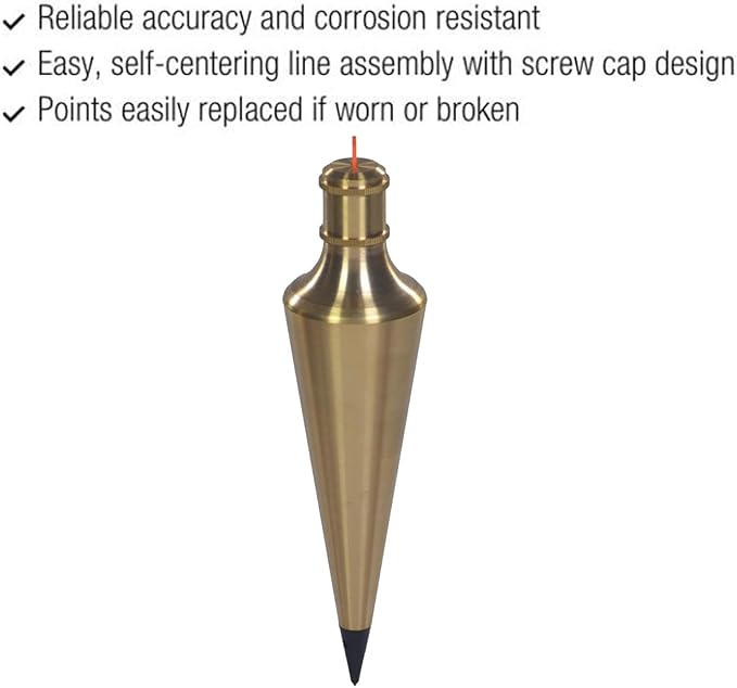 Solid Brass Plumb Bob, Brass Construction, Stainless Steel Point, Professional Centering Tool, Replaceable Tip (12oz)