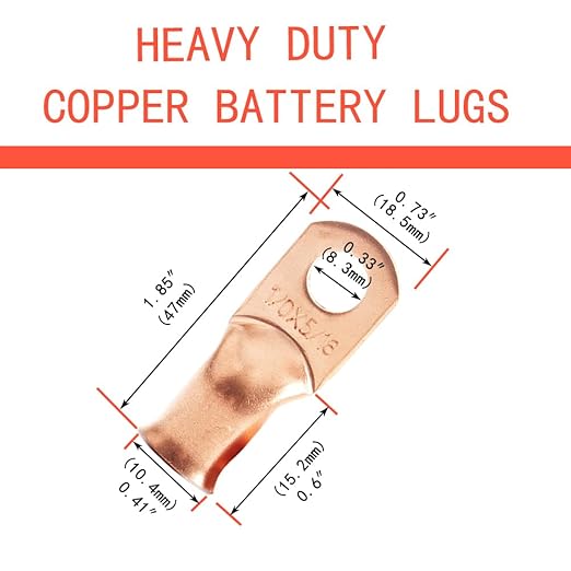 1/0 AWG 5/16" Stud (10 pcs.), Heavy Duty Battery Ring Terminal, 0 Gauge Connectors, Copper Wire Lugs, Copper Ring Terminals, Battery Cable Ends, Bare Copper Eyelets, Tubular Ring Terminal Connectors