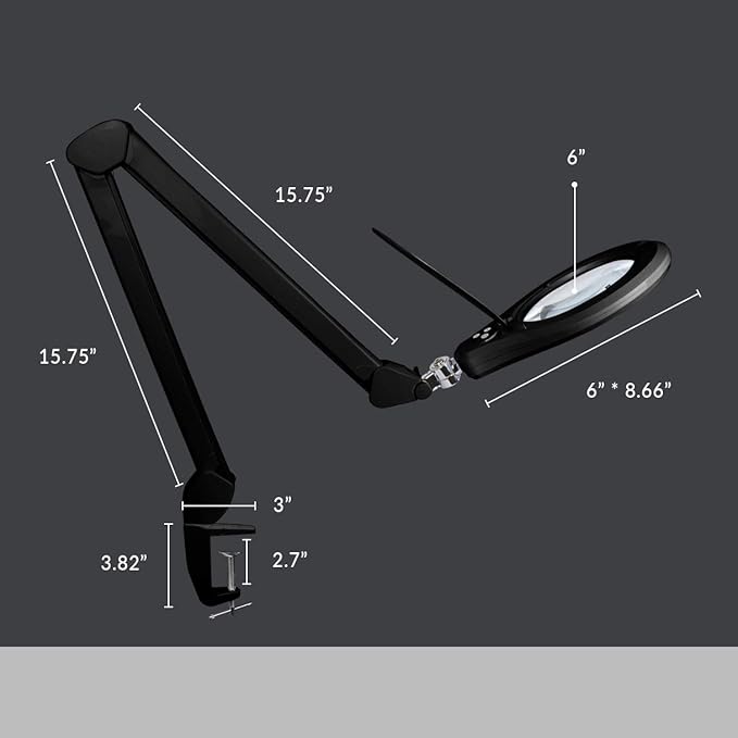 Neatfi LED Magnifying Lamp with Clamp, Dimmable, 6500K Color Temperature, Glare-Free, for Sewing, Painting, Jewelry Making, and Reading (Black, 6 Inch Glass Lens)