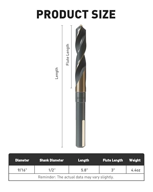 COMOWARE 9/16" Reduced Shank Drill Bit, HSS M2, Black & Gold Drill Bit with 3-Flat 1/2" Shank, 135° Split Point, Metal Drills Bits for Steel/Aluminum/Iron/Plastic/Wood, for Electricians & DIY