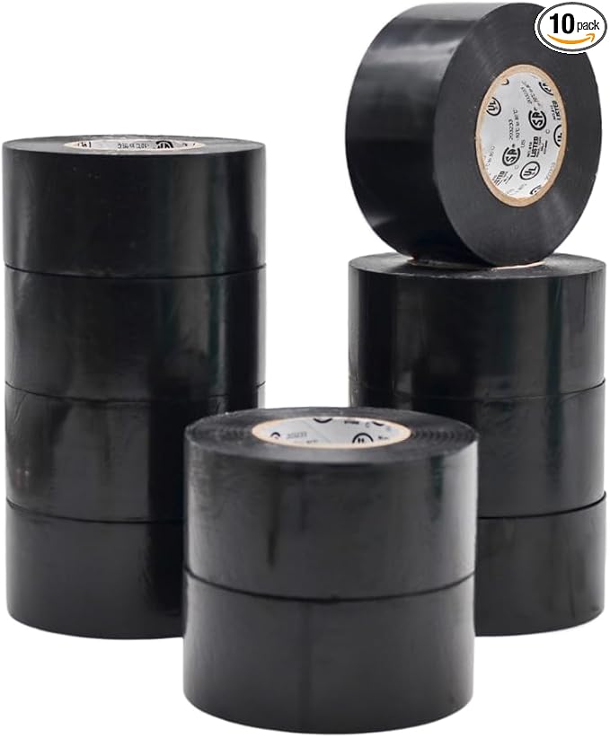 WOD ETC766 Professional Grade General Purpose Black Electrical Tape UL/CSA Listed core. Vinyl Rubber Adhesive Electrical Tape: 1.5 inch X 66 ft - Use at No More Than 600V & 176F (Pack of 10)