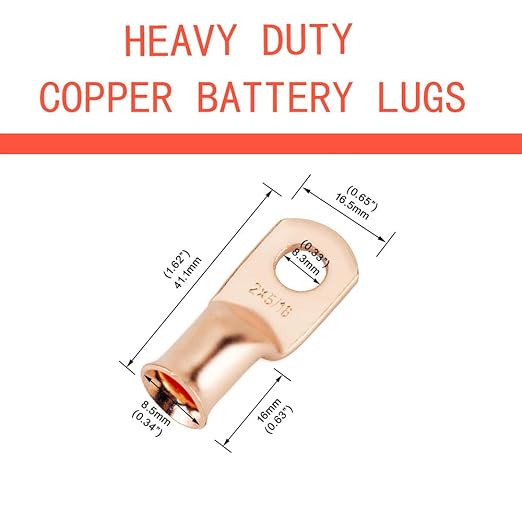 16Pcs 2 AWG 5/16" Stud Copper Ring Terminals Battery Cable Ends Wire Lugs with Heat Shrink Tubing 2 Gauge Heavy Duty Cable Lugs Bare Copper Eyelets Tubular Ring Terminal