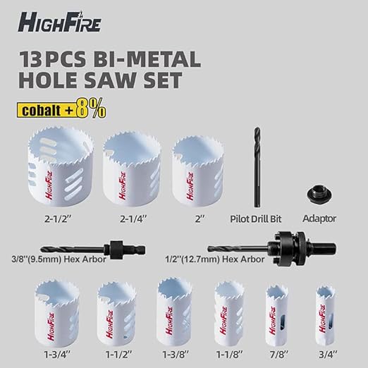 HIGHFIRE 13pcs Hole Saw Set,Bi-Metal Hole Saw Kit, M42 Bi-Metal Hole Cutter Set with General Purpose 3/4" to 2-1/2"