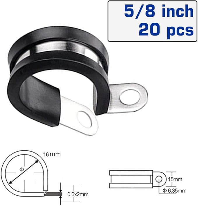 HOLYBEAR 5/8 Inch Stainless Steel Cable Clamp, Rubber Insulated Metal Conduit Wire Holder Strap Clips for Pipe, Tube, Hose Bracket (16mm, 20pcs)