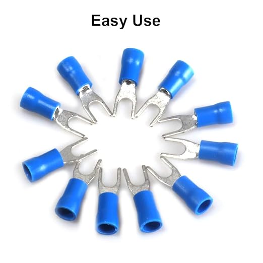 100pcs Insulated Fork Spade Wire Connectors, U Type Electrical Crimp Terminal for 16-14AWG Cable by MILAPEAK (Blue)