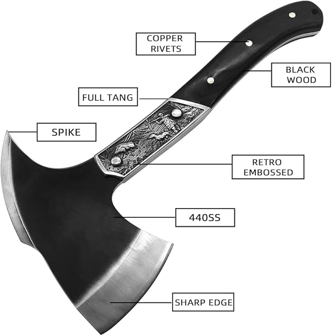 Black Chopping Axe, Full Tang Wooden Handle Wood Splitting and Cutting, Camping Outdoor Hatchet with Sheath, Retro Design for Bushcraft Axes