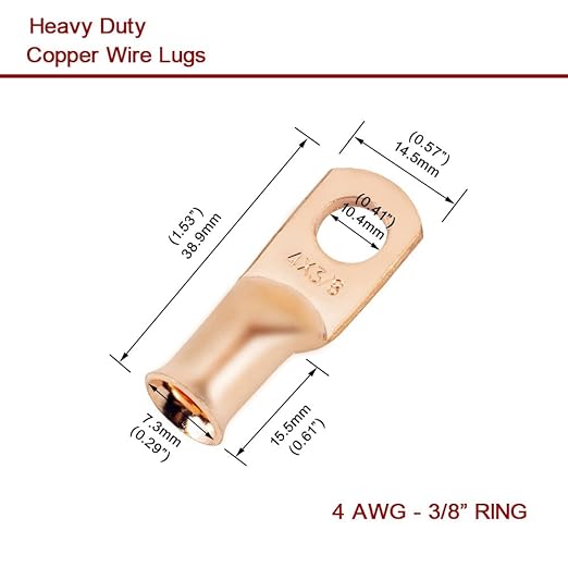 4 AWG 3/8" Stud (10 pcs.) Heavy Duty Battery Ring Terminal 4 Gauge Connectors 4 Gauge Battery Cable Ends Wire Lugs Copper Ring Terminals Bare Copper Eyelets Tubular Ring Terminal