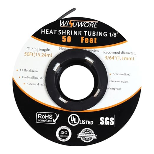 3:1 Heat Shrinkable Tubing with Adhesive Lining,1/8 in'' Marine Grade Dual Wall Shrink Tubing,50 Feet Roll,Insulation Sealing Oil-Proof Wear-Resistant,UL Listed and RoHS Compliant Black