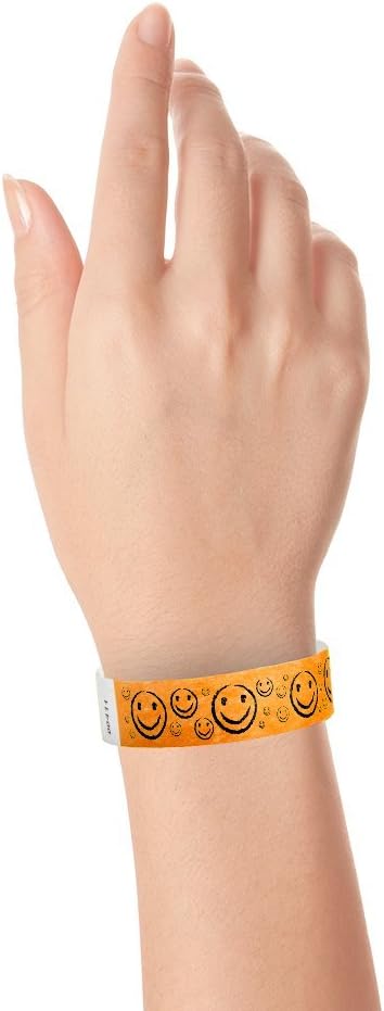 500 WristCo Neon Orange Smiley Face Tyvek Wristbands for Events - ¾” x 10” - Waterproof Recyclable Comfortable Tear Resistant Paper Bracelets Wrist Bands for Concerts Festivals Admission Party
