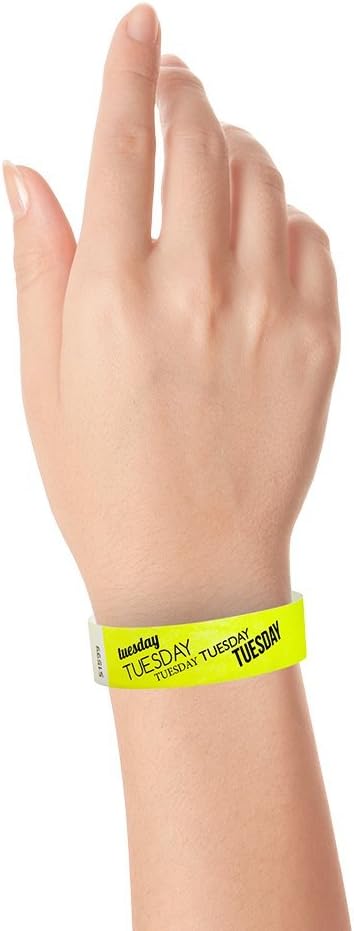 500 WristCo Tuesday Neon Yellow Tyvek Wristbands for Events - ¾” x 10” - Waterproof Recyclable Comfortable Tear Resistant Paper Bracelets Wrist Bands for Concerts Festivals Admission Party