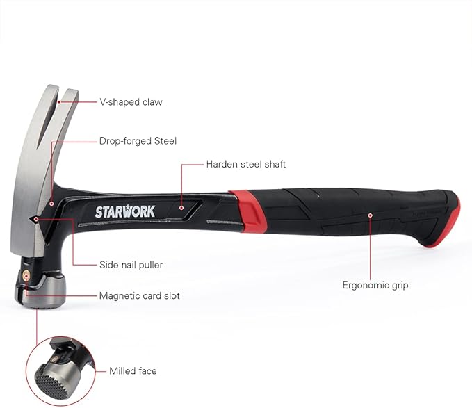TRUE MECHANIC™ 22oz Hammer with Comfort Grip, Nailing Hammer Steel Head Steel Handle, AntiVibe, Rip Claw