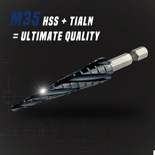 Four Spiral Flute Step Drill Bit, 1/8" - 1/2"(13 Sizes) 1/4" Hex Shank Cobalt Step Drill Bit Fully Coated with TiAlN for Metal, Stainless Steel, Aluminum, Plastic