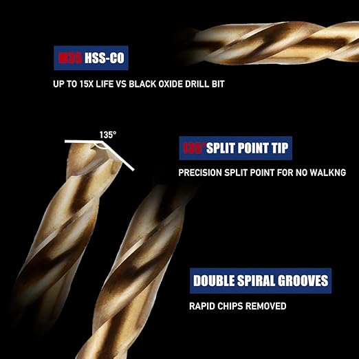 12pcs 5/16" Cobalt Drill Bit Set, M35 HSS, 135 Degree Tip, M35 Jobber Drill Bits for Metal, Stainless Steel, Cast Iron, Wood, Plastic, Fully Ground from Pro Edge Technology