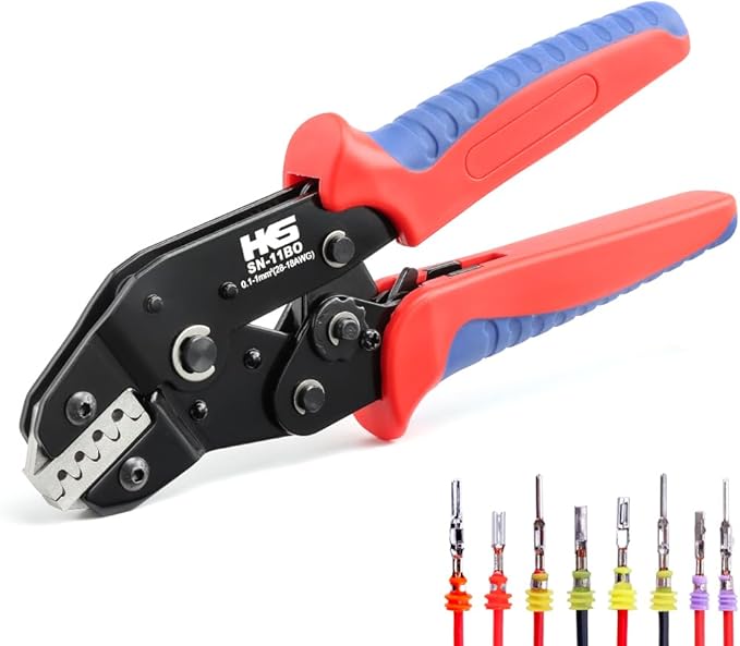 HKS Crimping Tool for AWG 28-18 (0.1-1mm²) Delphi APTIV Terminals, Metri-Pack 150/280/630, APEX 2.8 & AMP Superseal 1.5 - SN-11BO Dual Crimp (Conductor+Seal) with One-Cycle Chrome-Moly Jaw