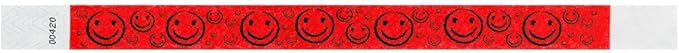 200 WristCo Neon Red Smiley Face Tyvek Wristbands for Events - ¾” x 10” - Waterproof Recyclable Comfortable Tear Resistant Paper Bracelets Wrist Bands for Concerts Festivals Admission Party