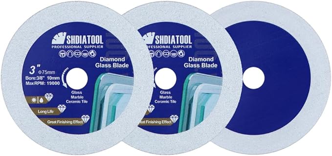 SHDIATOOL Diamond Glass Cutting Disc 3-Inch Saw Blade, Ultra-Thin Cut Off Wheel Arbor 3/8-inch for Tile Ceramic Porcelain Marble 75mm (3 of Pack)