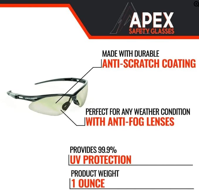 Malta Dynamics APEX Safety Glasses – Construction Safety Glasses for Men and Women with Anti Scratch and Anti Fog Protection, ISEA & ANSI Z87 Compliant (Indoor/Outdoor, 12 Pairs)