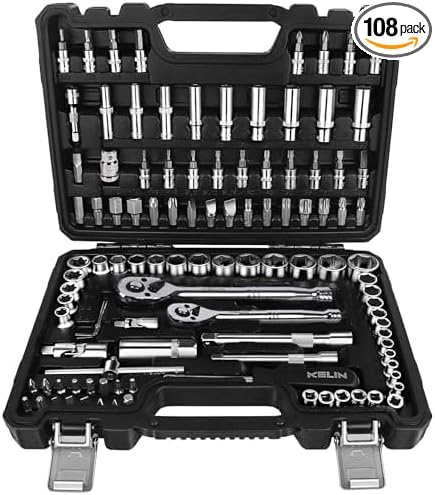 KELIN Socket Wrench Set 108 Pcs,1/4-Inch and 3/8-Inch Drive Socket Set with 72 Tooth Reversible Ratchets, Metric Bit Socket Set and Extension Bar for Auto Repairing and Home Use