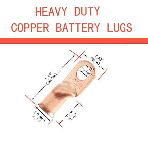 1/0 AWG 1/2" Stud (10 pcs.) Heavy Duty Battery Ring Terminal, 0 Gauge Connectors, Copper Wire Lugs, Ring Terminals, Cable Ends, Bare Eyelets, Tubular Terminal Connectors