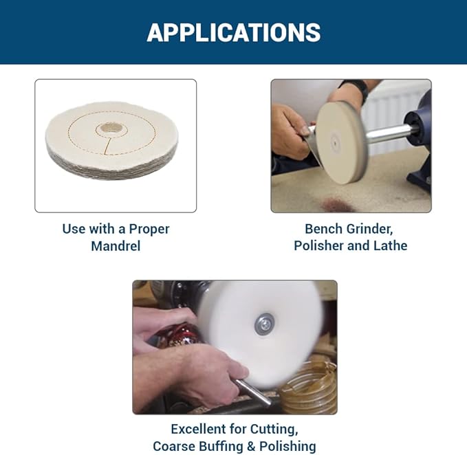Benchmark Abrasives 6" Cotton Cushion Sewn Buffing Polishing Wheel for Bench Grinder with 1/4" Mandrel, for Polishing Finishing Smoothing on Aluminum, Stainless Steel (Cotton Cushion)