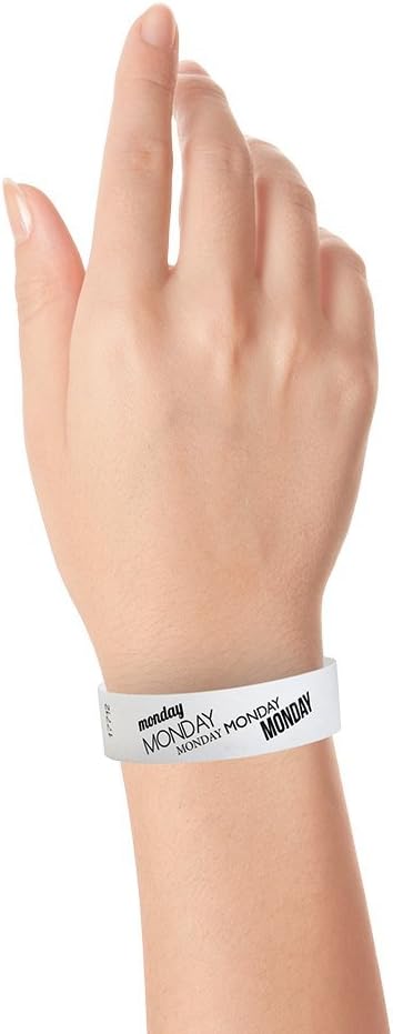 500 WristCo Monday White Tyvek Wristbands for Events - ¾” x 10” - Waterproof Recyclable Comfortable Tear Resistant Paper Bracelets Wrist Bands for Concerts Festivals Admission Party