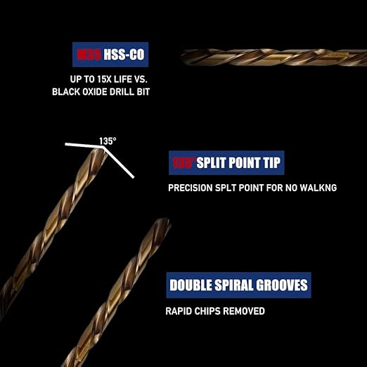 12pcs 1/8" Cobalt Drill Bits, M35 Jobber Drill Bits Set for Metal, Stainless Steel, Cast Iron, Wood, Plastic, Fully Ground from Pro Edge Technology