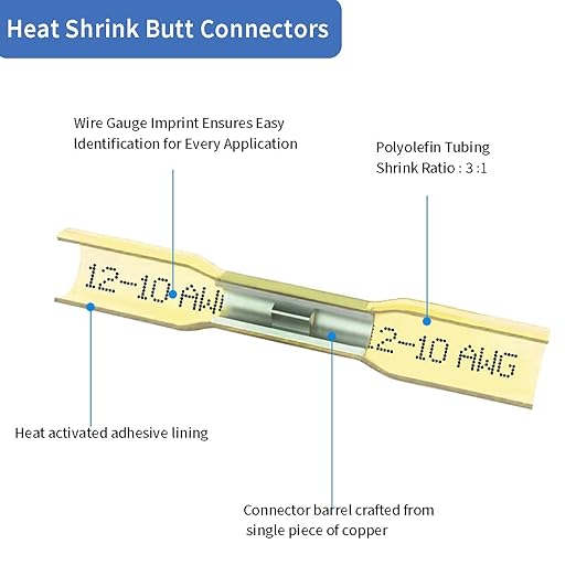 100 Pcs Yellow Heat Shrink Butt Connectors, 12-10 AWG Waterproof Crimp Terminals Electrical Wire Connectors Splice for Marine, Cable, Wiring Tool, Automotive