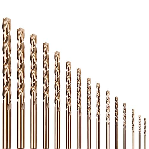 KENDO 15PCS Cobalt Drill Bit Set (1/16"-3/8"), M35 High Speed Steel,Twist Jobber Length for Hardened Metal, Stainless Steel, Cast Iron, Wood and Plastics, with Metal Index Storage Box