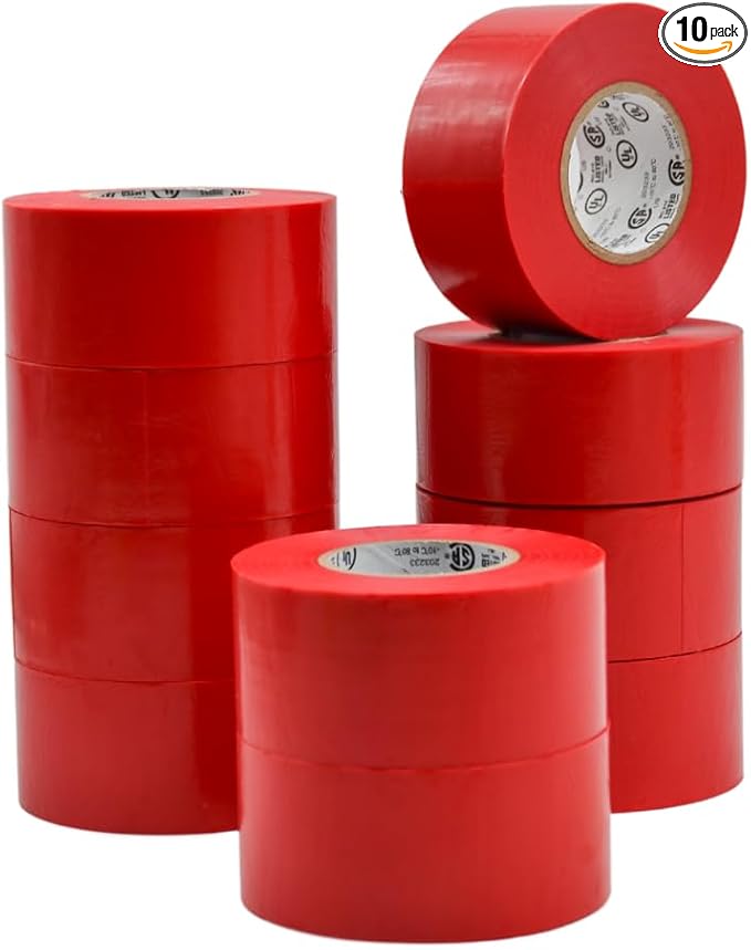 WOD ETC766 Professional Grade General Purpose Red Electrical Tape UL/CSA Listed core. Vinyl Rubber Adhesive Electrical Tape: 1.5 inch X 66 ft - Use at No More Than 600V & 176F (Pack of 10)