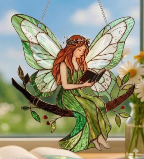 Stained Acrylic Fairy Reading a Book Suncatcher, Decorative Hanging Ornament - Image 6