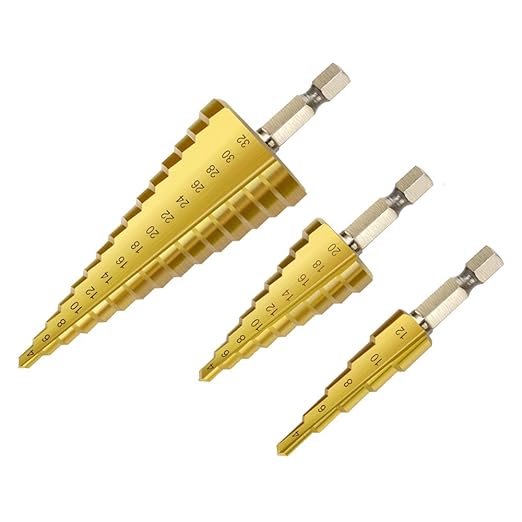 Metric Step Drill Set,Zhushan 3Pcs High-Speed Steel Shank Titanium Step Drill Bits for Sheet Metal Hole Drilling from 4-12mm/4-20mm/4-32mm