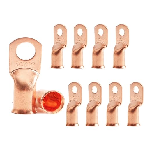 3/0 AWG 3/8" Stud (10 pcs.), Heavy Duty Battery Ring Terminal, 000 Gauge Wire Connectors, 3/0 Gauge Copper Ring Terminals, Wire Lugs, Bare Copper Eyelets, Tubular Ring Terminal Connectors