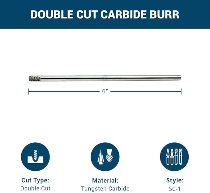 Benchmark Abrasives 6” Cylindrical Ball Nose Shape Double Cut Tungsten Carbide Die Grinder Bits Metal Deburring Tool Rotary Burr, 1/4 Inch Shaft, Engraving Tool for Woodworking Shaping Carving (SC-1)