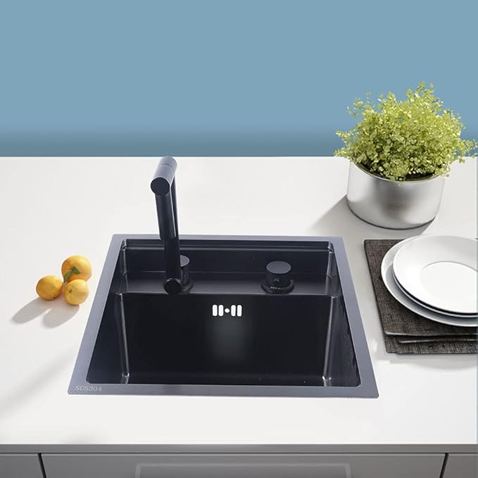 15-inch Hidden RV Kitchen Bar Sink with Folding Faucet, Cover, Drain Pipe and Strainer Full Set, Small Stainless Steel Prep Sink for Workstation, RV, Kitchen and Bar(Black)